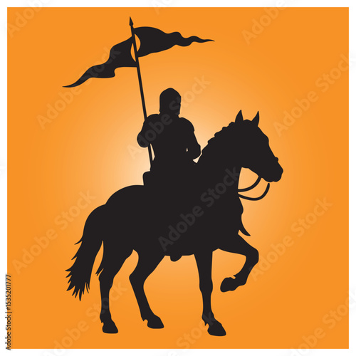 Silhouette of a knight riding a horse holding a flag against a gradient orange background