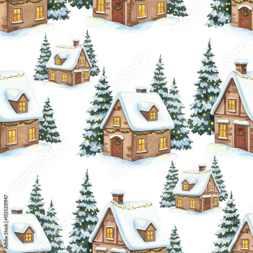  Watercolor Snowy Christmas Village and Pine Trees Seamless Pattern