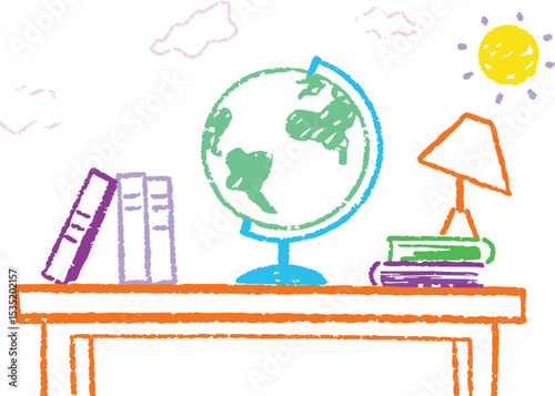 Global education illustration featuring earth, school icons, and design concepts