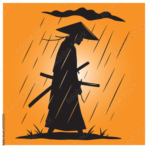 Silhouette of a samurai warrior walking in the rain with swords orange background