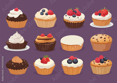 Assorted Cupcake and Muffin Vector Set with Berries and Frosting on Purple Background
