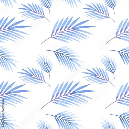 seamless pattern of blue tropical palm leaves on a white background