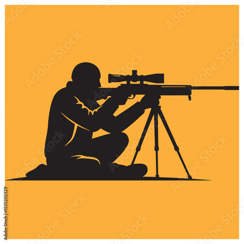 Silhouette of a sniper aiming rifle with a scope on a tripod against yellow background