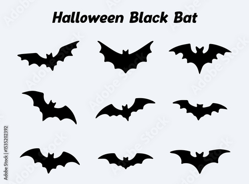A set of spooky bat silhouette with different wing positions isolated on a white background ideal for Halloween. 