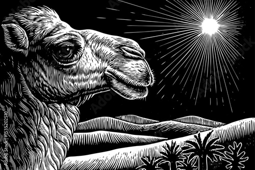 Camel walking through a hot desert under the blazing sun black and white sketch vector