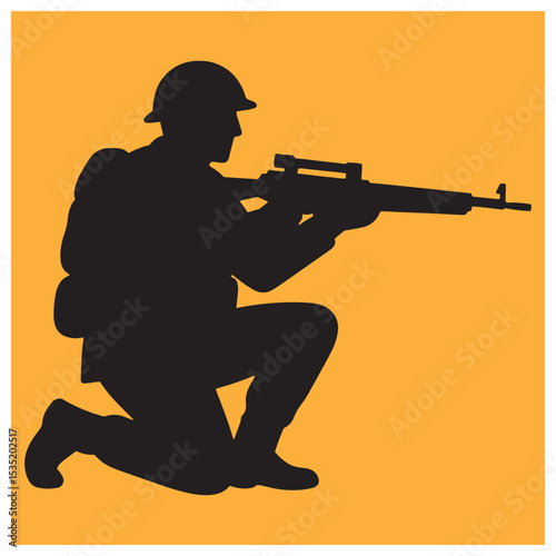 Silhouette of a soldier kneeling and aiming rifle against an orange background