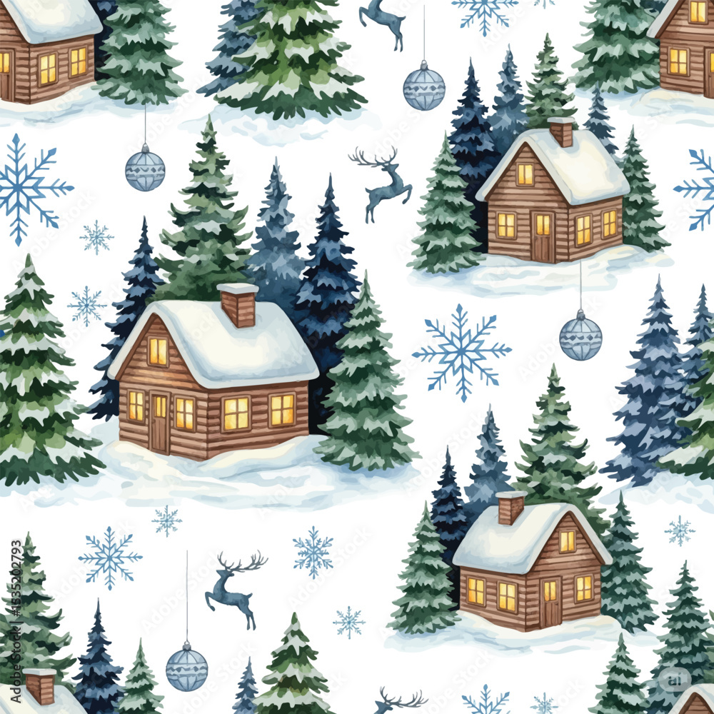 Watercolor Winter Village and Forest Seamless Pattern Stock Vector ...