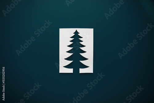 Minimalist White Paper Cutout of Christmas Tree on Dark Green Background