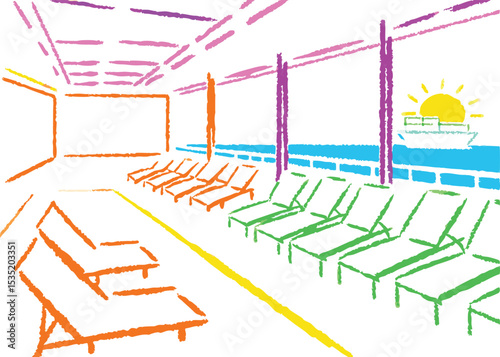 Vector illustration of a beach with chairs and umbrella, a blueprint for urban design projects