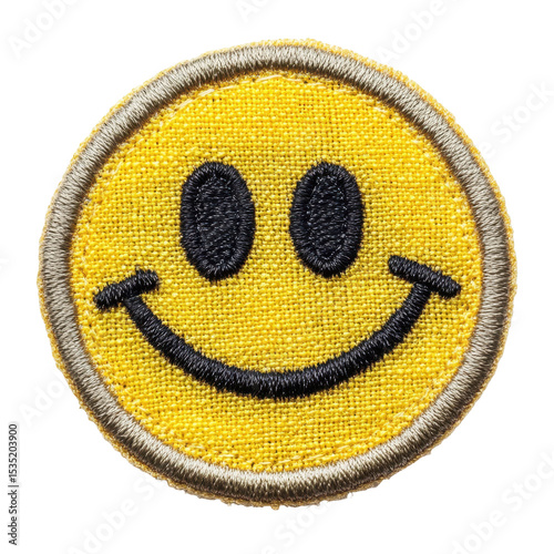 embroidery yellow smiley round badge, Embroidered round badge in yellow displaying a smiling face, isolated on transparent background