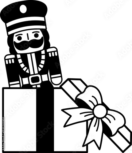 black and white illustration of the nutcracker is in a gift box