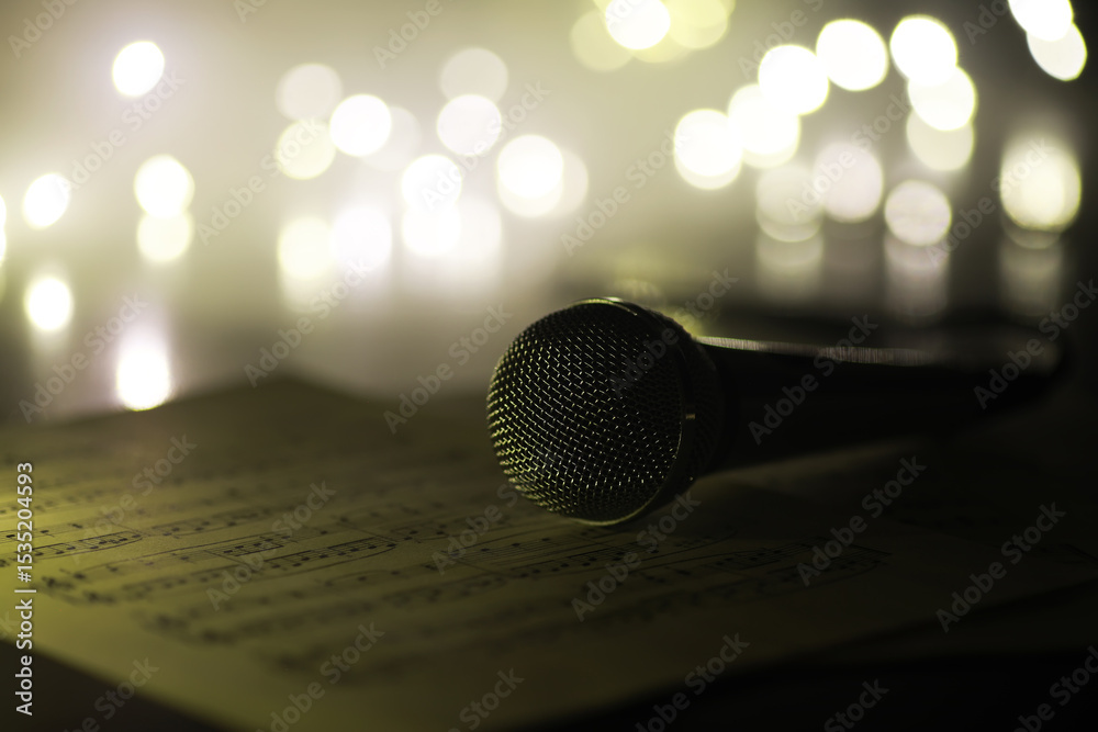 Obraz premium Vintage Microphone on Sheet Music Surrounded by Bokeh Lights