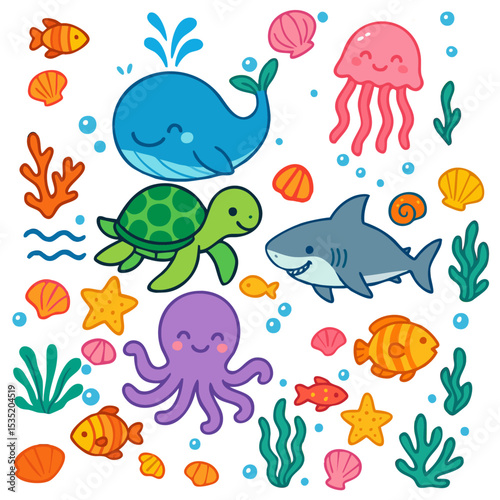 colourful ocean animal doodle set