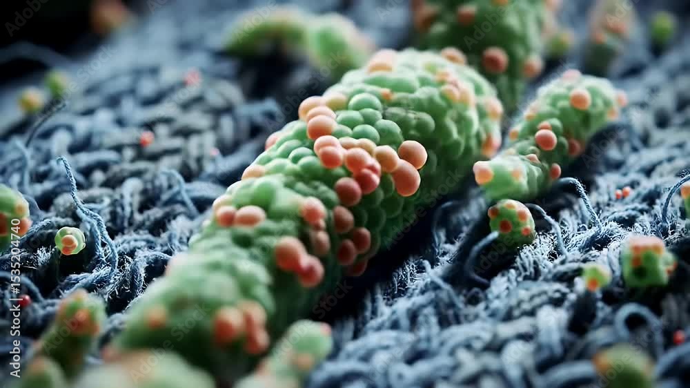 Abstract close-up of green, pink, and blue organisms, appearing almost cellular and textured