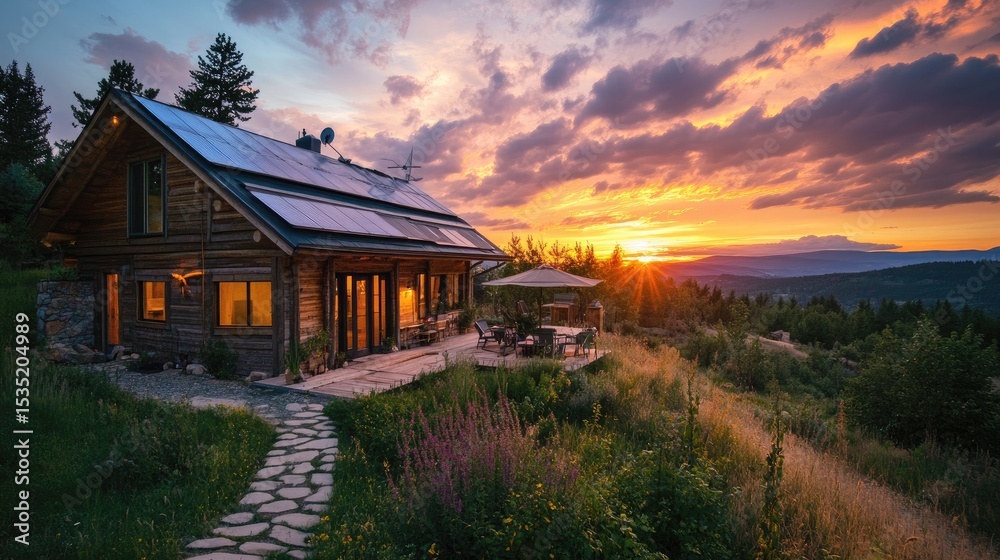 Serene Sunset View of Cozy Log Cabin Surrounded by Lush Greenery in Tranquil Mountain Landscape Serene Sunset View of Cozy Log Cabin Surrounded by Lush Greenery in Tranquil Mountain Landscape