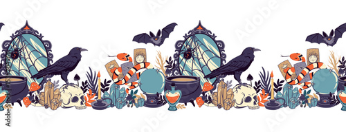 Seamless horizontal pattern with occult objects. Witchcraft, astrological, esoteric, magic symbols. Vector border with mirror, cauldron, skull, potion, raven, snake, crystal, fortune-telling ball.
