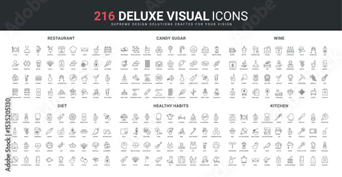 Kitchen tools and equipment of chef and baker, restaurant, healthy lifestyle and habits line icon set. Health check, fruit and vegetable nutrition thin black outline symbols vector illustration