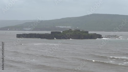 Scenic views of Murud-Janjira Fort off the Konkan coast of Maharashtra, India — a historic sea fort known for its impregnable walls, surrounded by the Arabian Sea and captured during monsoon with cras