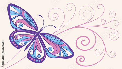 Elegant vector illustration of a colorful butterfly with swirls on a cream background