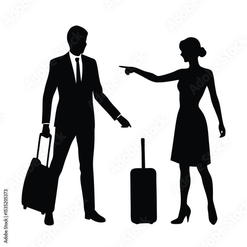  A vector silhouette of a man and a woman standing apart, both holding suitcases