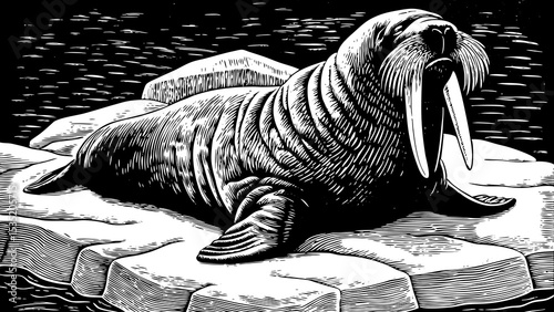 walrus lounging on an ice floe with long tusks visible black and white sketch vector
