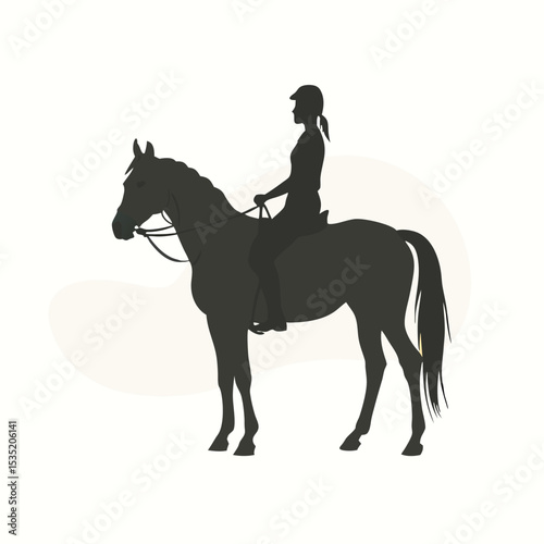 A vector silhouette of a person riding a horse. The rider is sitting tall on the horse, facing to the side, 