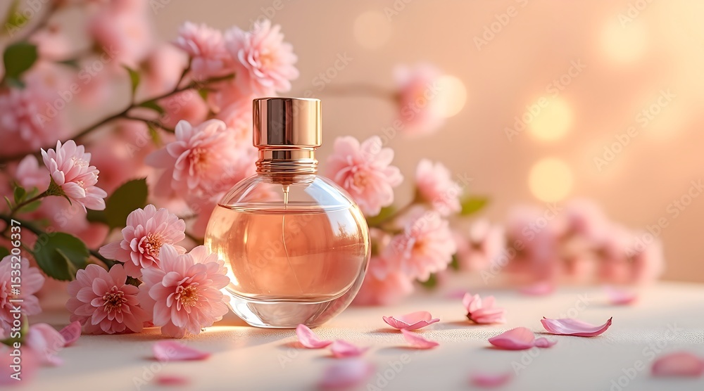 Elegant perfume bottle with pink flowers Elegant perfume bottle with pink flowers