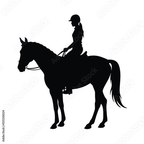 A vector silhouette of a person riding a horse. The rider is sitting tall on the horse, facing to the side, 