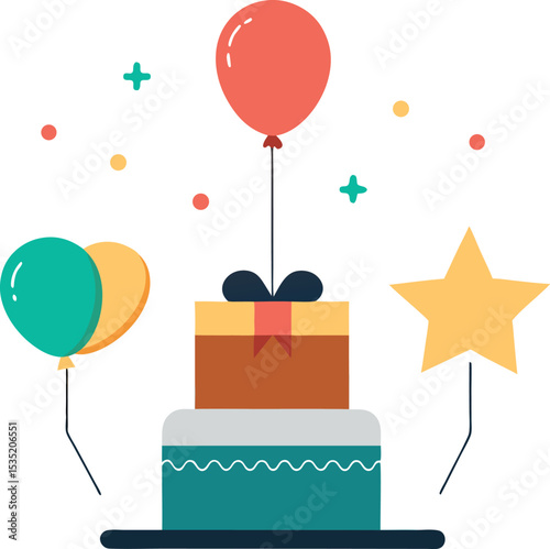 Office Celebration with Cake and Star Balloons After Success