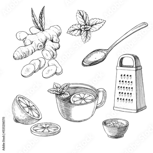 Vector set of hand-drawn illustrations of ingredients for ginger drink. Sketches of cup, grater, honey, lemon and mint.