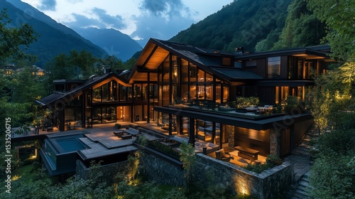 Luxurious mountain home at dusk, showcasing modern architecture, large windows, pool, and outdoor spaces.