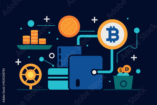 Cryptocurrency & Blockchain Business Concept, Bitcoin Wallet, Tech Vector Art