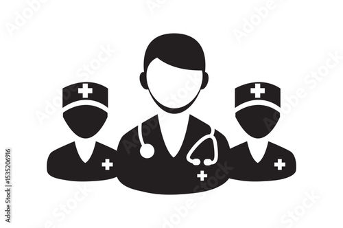 Doctor Icon. A male Doctor icon both wearing stethoscopes.The minimalistic black and white Doctors icon. Medical Team Icon. Simple linear icon for a group of doctors. Vector illustration. Eps 10.