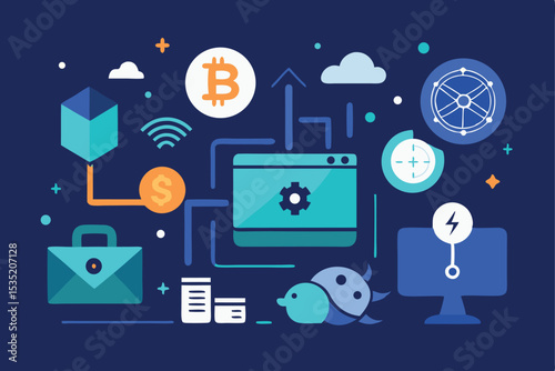 Cryptocurrency & Blockchain Business Concept, Bitcoin Wallet, Tech Vector Art