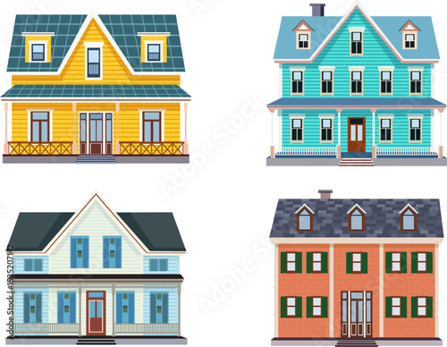 Set of house exteriors, vector illustration. Set of country houses for design. Set of townhouses with roofs, verandas, windows, doors and chimneys.