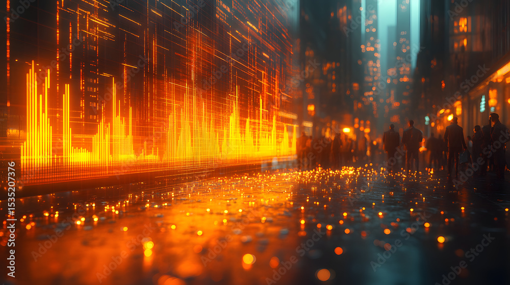 Fototapeta premium Futuristic Cityscape with Glowing Data Streams and Reflections on Wet Streets
