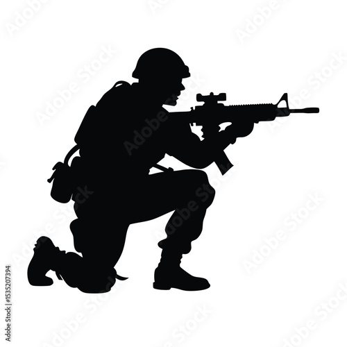  A vector silhouette of a soldier kneeling in a combat stance, holding a rifle with both hands