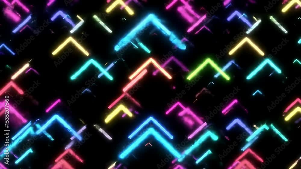Arrow pattern of glowing neon lights in vibrant colors, set against a dark background, repeat motif