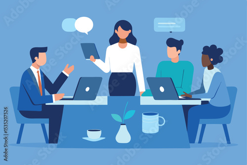 "Flat Business Team Meeting Scene, Corporate Office Discussion, Editable Vector Illustration