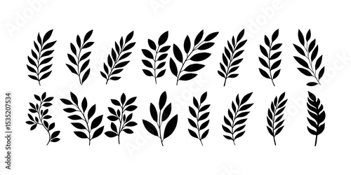 Vector collection of black tropical leaf silhouettes with diverse botanical styles perfect for graphic projects, decorative designs, nature prints, and organic compositions.