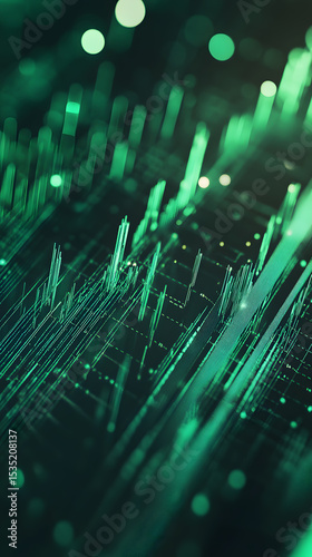 Abstract digital landscape with glowing green elements and bokeh lights