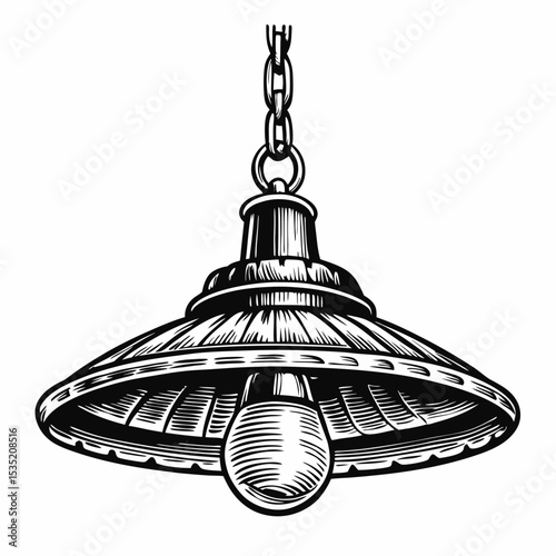 Stylish hanging pendant lamp with chain and metal shade. Elegant pendant lamp design features a vintage-style shade and a decorative chain.