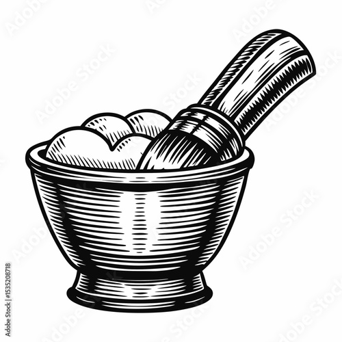 Shaving bowl with soap and brush. Stylish shaving bowl filled with creamy soap and shaving brush.  Vintage shaving bowl design perfect for barber shop branding, logo, and advertising.
