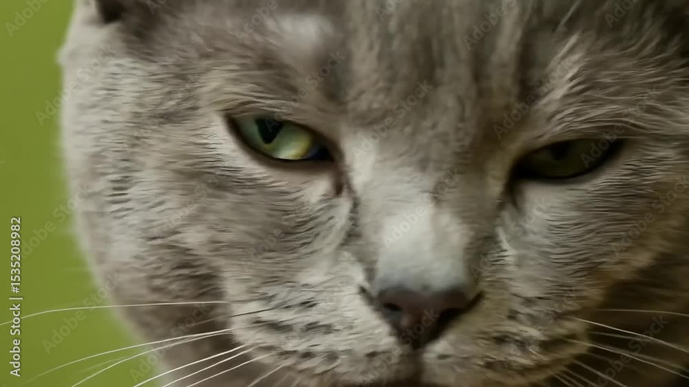 Grey cat blinking while looking directly at the camera 