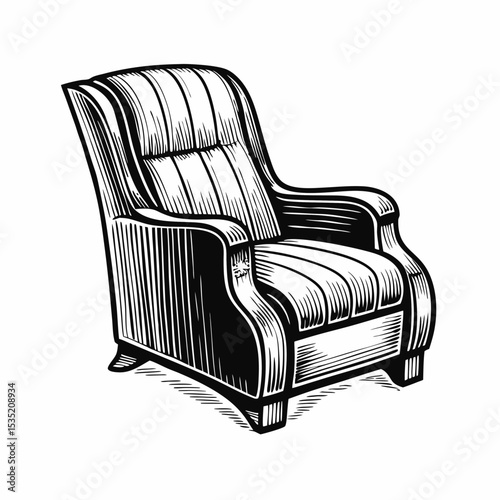 Stylish waiting room armchair design. Comfortable armchair with tufted upholstery and wooden legs.  Elegant armchair illustration perfect for barber shop decor and branding.