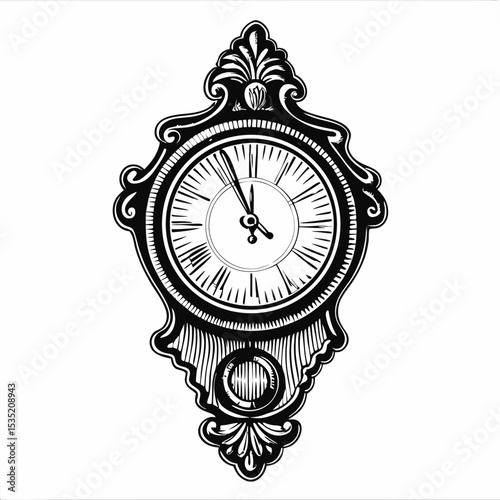 Vintage wall clock with ornate frame and pendulum. Classic timepiece design features detailed engraving and elegant flourishes.