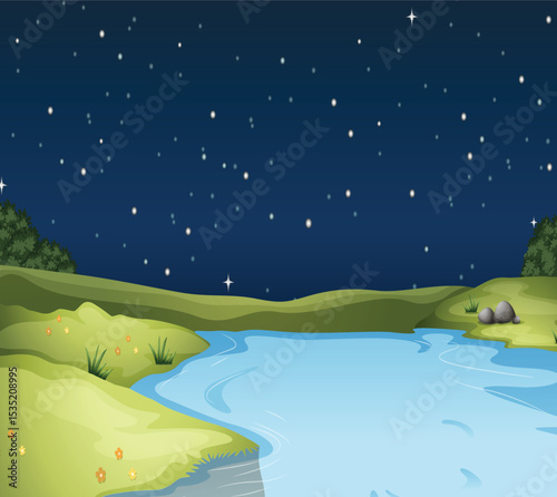 Night River Scene: Serene night scene featuring a tranquil river flowing gently under a starlit sky. 