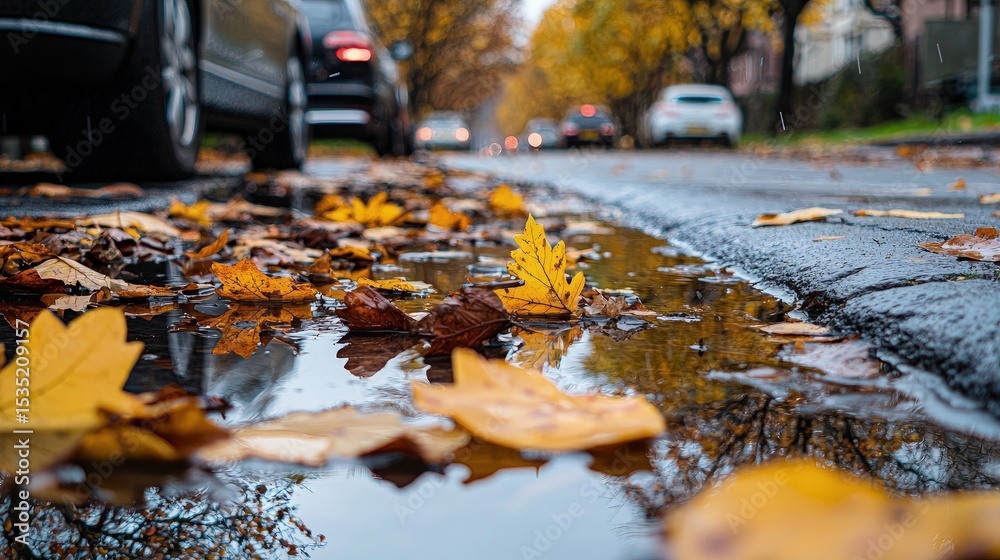 Obraz premium Autumn leaves in a puddle on a city street.