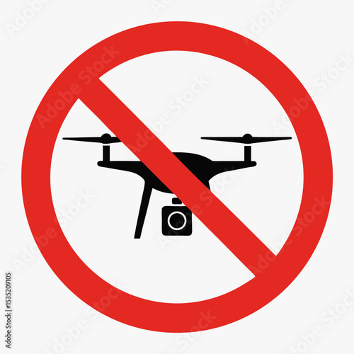No drones allowed sign. Red circle prohibition symbol with black drone silhouette indicates restricted airspace. This no drone zone sign is perfect for informational signage, warning labels,