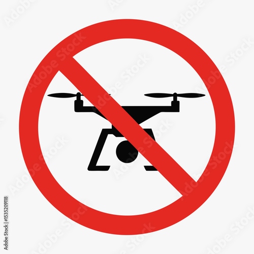No drones sign. Red circle with crossed-out drone image. Informative sign prohibits drone flights over private property.